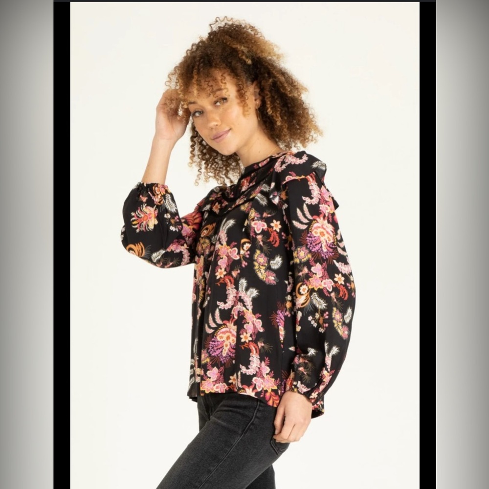 LOFT Black and Orange Ruffled Mandarin Collar Blouse